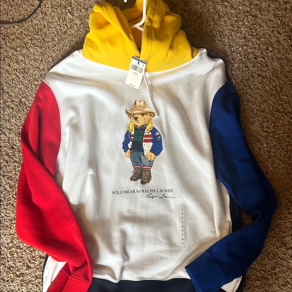Ralph Lauren Kids Bear Hoodie in Red, Blue, and Yellow